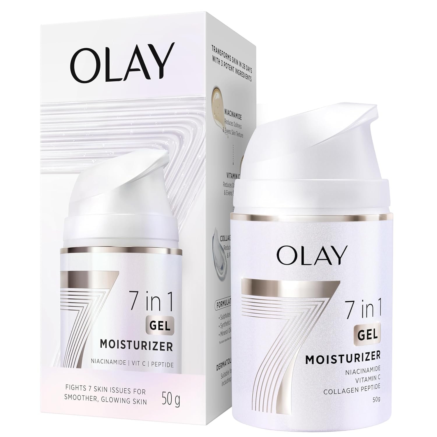 Olay 7in1 Ultra-light Gel Moisturizer | Niacinamide, Vitamin C, Collagen Peptides | Fights 7 Issues for Smooth & Glowing Skin | Normal to Oily Skin | Dermatologically Tested | Non Comedogenic | 50