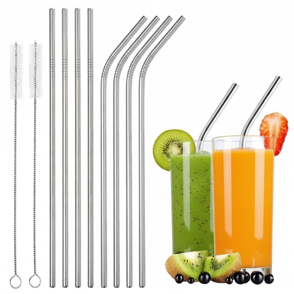 Stainless Steel Reusable Metal Straws with Cleaning Brush, Drinking Straws for Juice, Smoothie & Milkshake, Silver Pack of 4 (2 Straight + 2 Bent) with 2 Brush