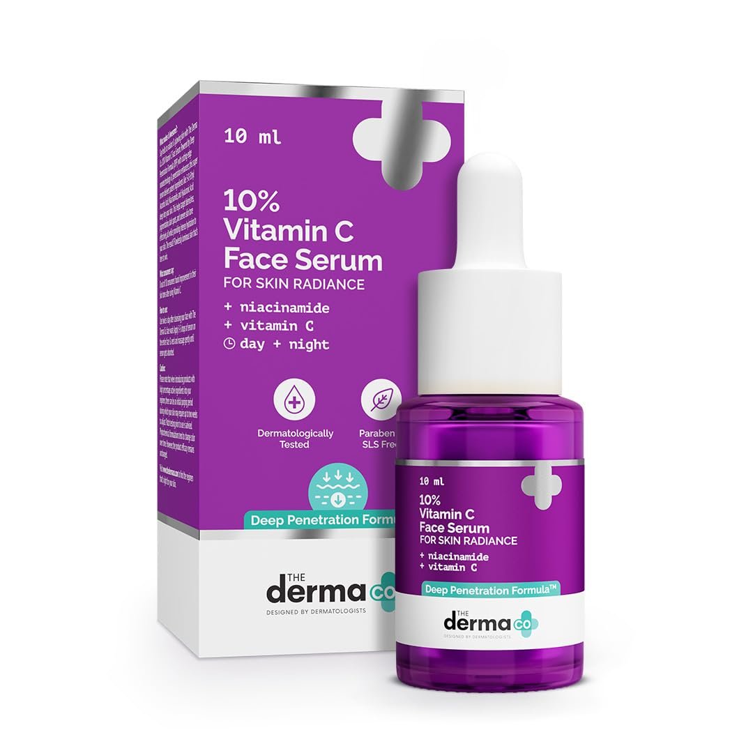 The Derma Co 10% Vitamin C Face Serum with 5% Niacinamide, Powered by Deep Penetration Formula™ | Fades Dark Spots | Reduces Pigmentation | Boosts Collagen | Brightens Skin | All Skin Types | 10 ml