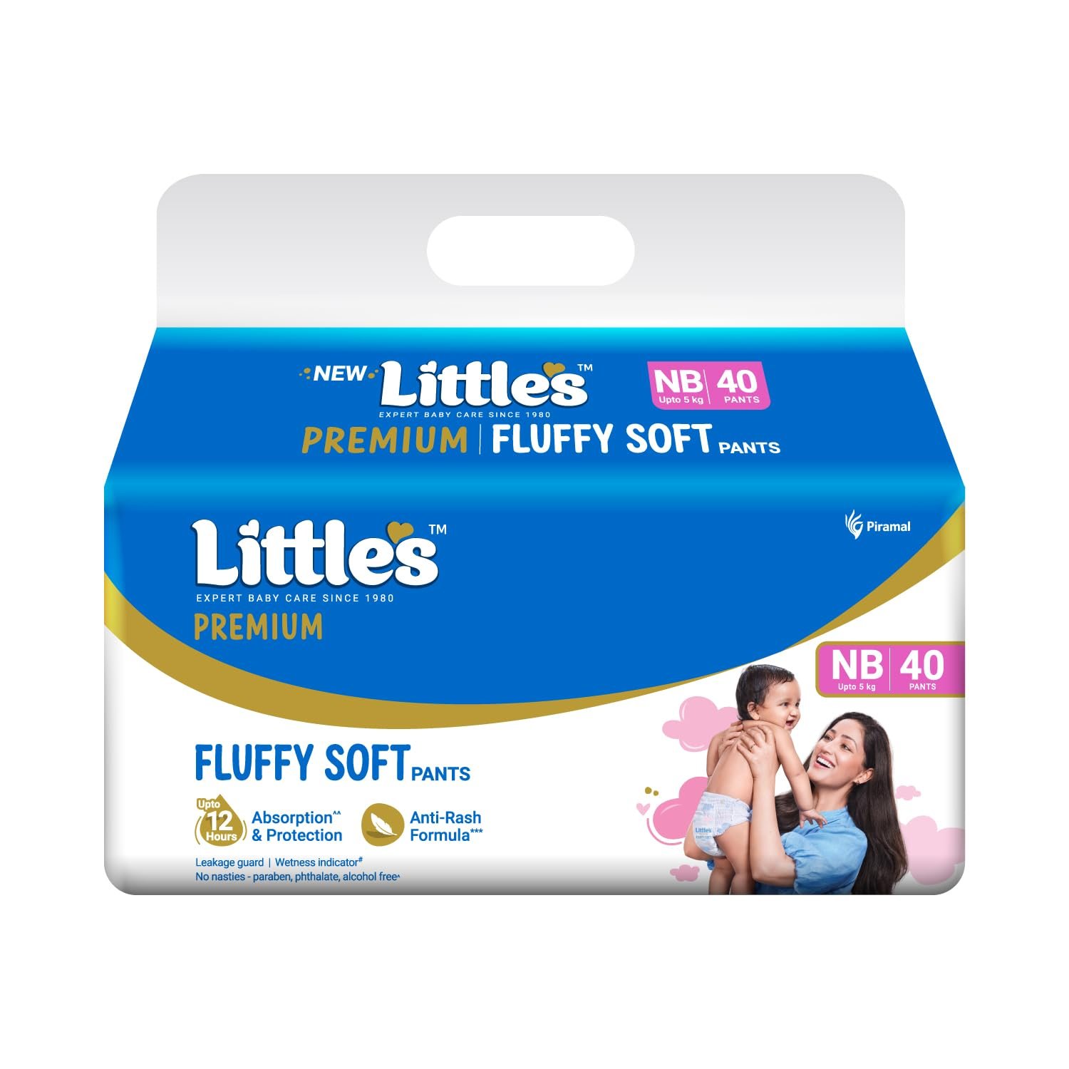 Little's Premium New Born Baby Diaper Pants Style (NB) | Upto 5 kg | 40 Count - Pack of 1 | FluffySoft Baby Diapers with Leakage Guard, Wetness Indicator & 12 Hours Absorption