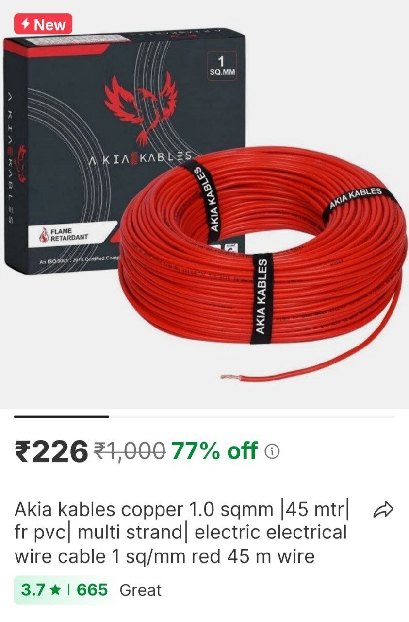akia kables copper 1 0 sqmm 45 mtr fr pvc multi strand electric electrical wire cable 1 sq mm red 45
