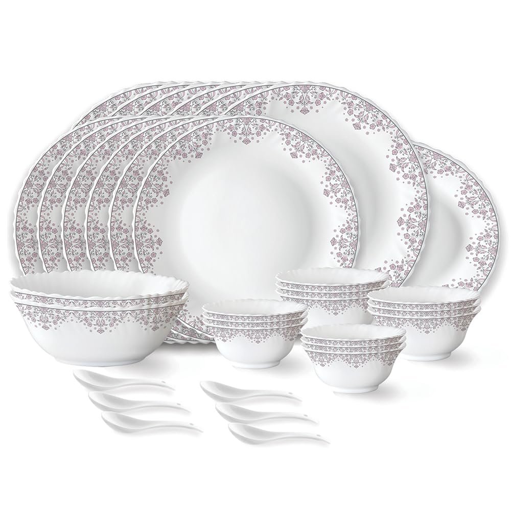 Larah by Borosil Lark Fluted Series Opalware Dinner Set | 33 Pieces for Family of 6 | Microwave & Dishwasher Safe | Bone-Ash Free | Crockery Set for Dining & Gifting | Plates & Bowls | Whi
