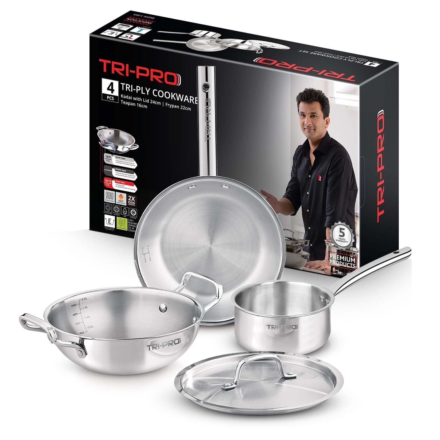 Bergner Tripro Triply Stainless Steel 4 Pc Cookware Set, 24 cm Indian Wok/Kadai with Lid, 22 cm Frypan, 16 cm Tea Pan, Even and Fast Heating, Induction Bottom, Gas Ready, Silver