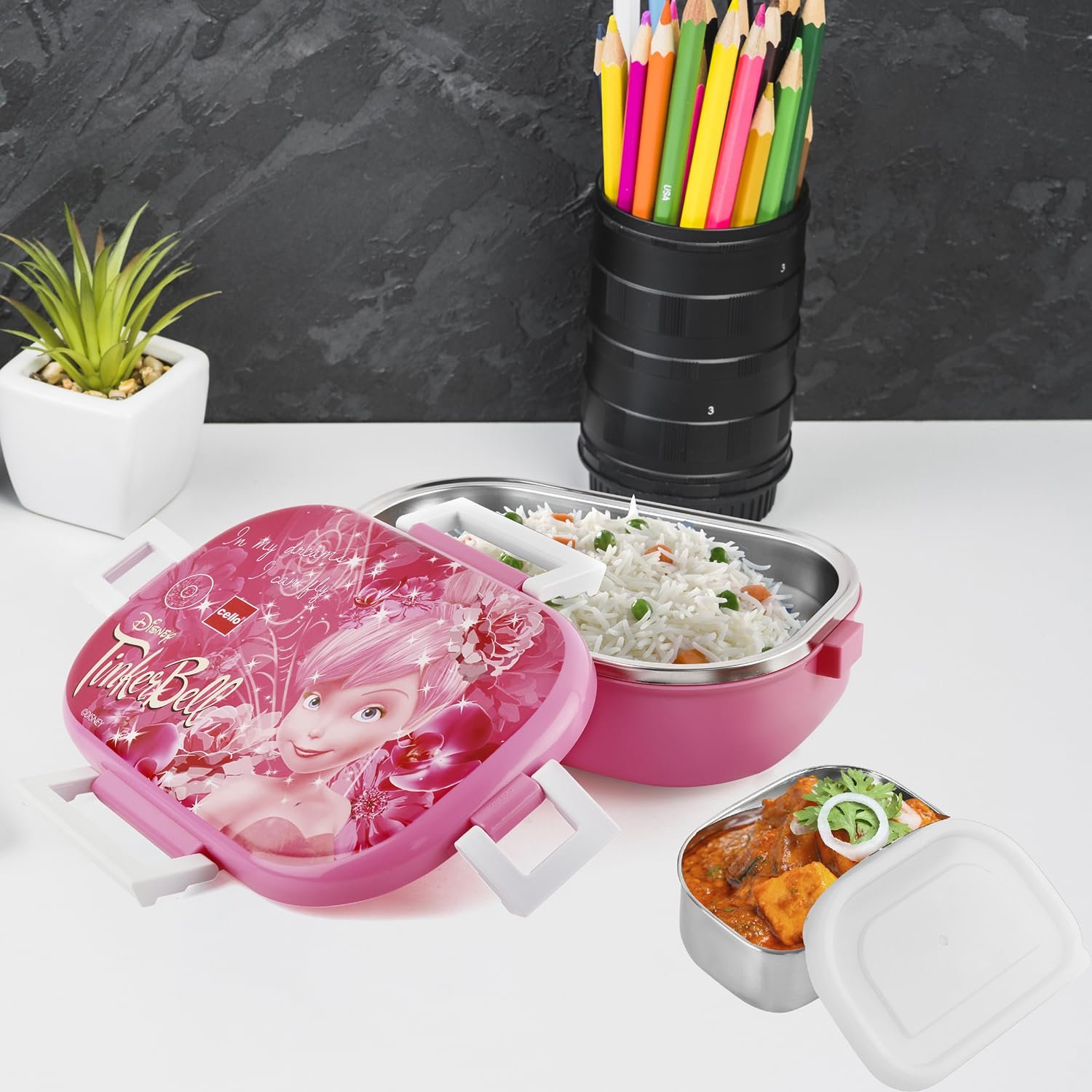 CELLO Feast Deluxe Kids Lunch Box Tinkerbell, Pink | Leak-Proof Snacks Tiffin Box for School Kids Inner Stainless Steel Mini Box | 2 Container with Locking Lid | Ideal for School & Picnic