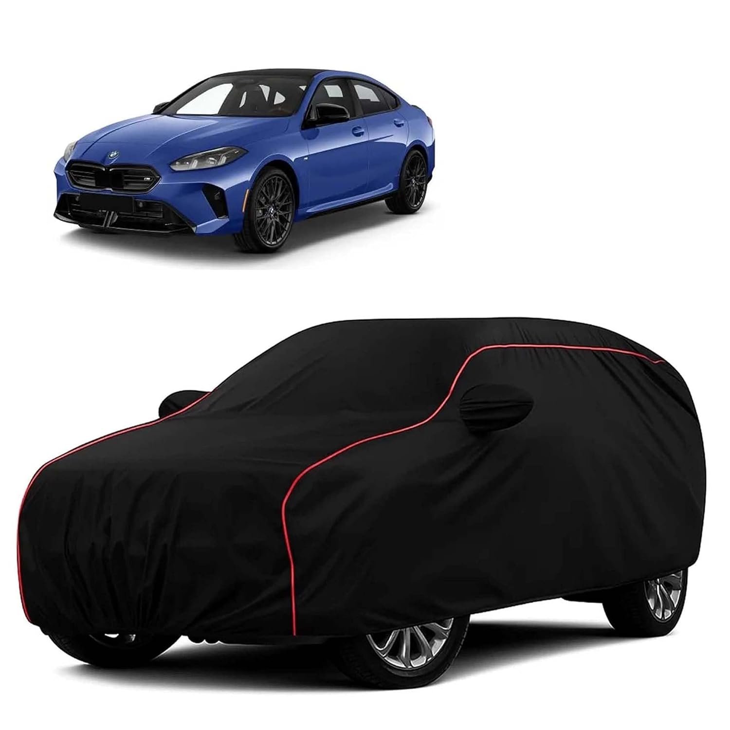 Sulfar 100% Water Resistant Car Body Cover Compatible with Mirror for BMW 2 Series Gran Coupe (Triple Stitched, Full Bottom Elastic, Black with Red Piping)