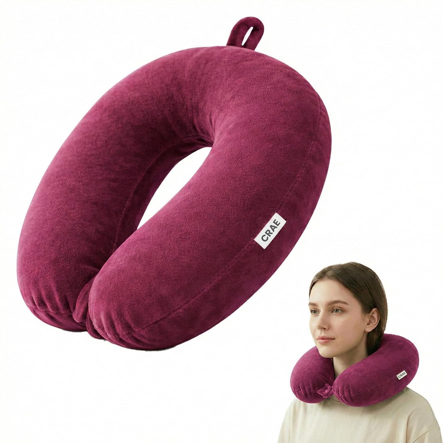 CRAE Travel Neck Pillow for Men & Women | Soft Fibre Cushion for Flight, Car & Train | Soft Velvet Fabric with Attachable Snap Strap | Cervical Support for Neck Pain Relief.Pack of 1(Candy Pin