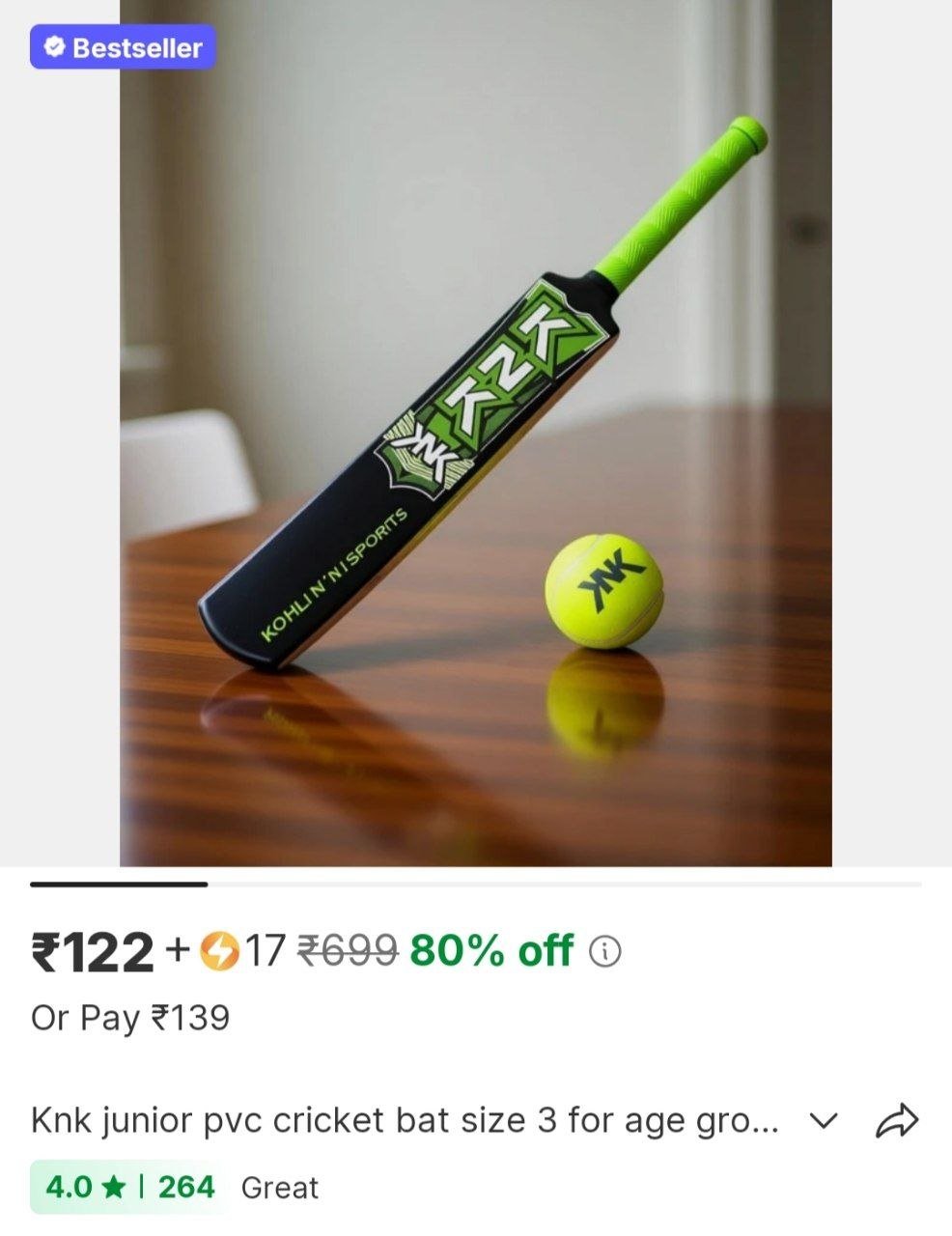 knk junior pvc cricket bat size 3 for age group 8 years with 1 piece tennis ball cricket kit
