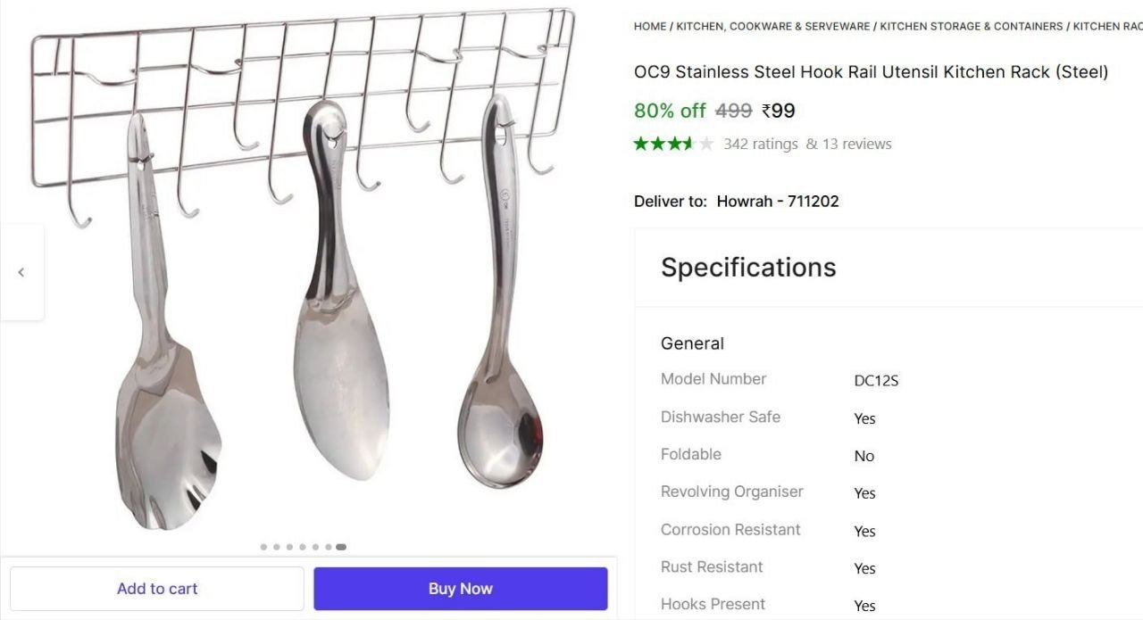 oc9 stainless steel hook rail utensil kitchen rack