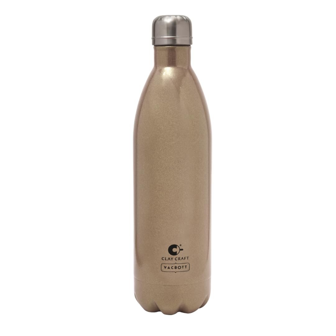 Clay Craft Vacbott Vaccum Bottle, Stark Sparkle Double Walled 24 Hours Hot and Cold Water Bottle - 1 Piece - 1000 ml (Sparkle Gold) Water Bottles for School, Office, Home, Gym, Leakproof, Rust free