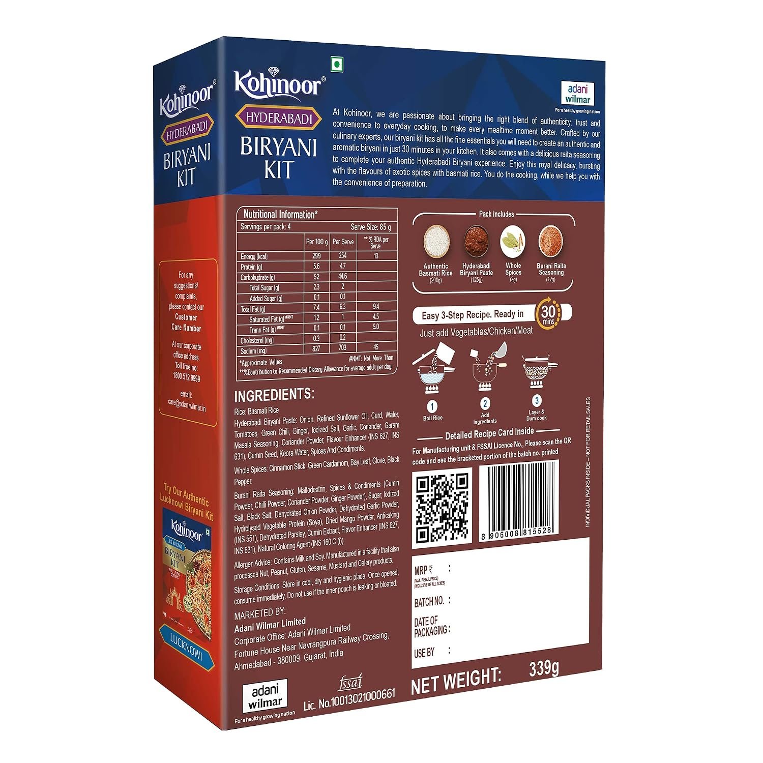 Kohinoor Authentic Basmati Biryani Kit,Hyderabadi|Easy 3-Step Recipe|Ready To Cook Biryani,339 G (Pack Of 2),678 Gram