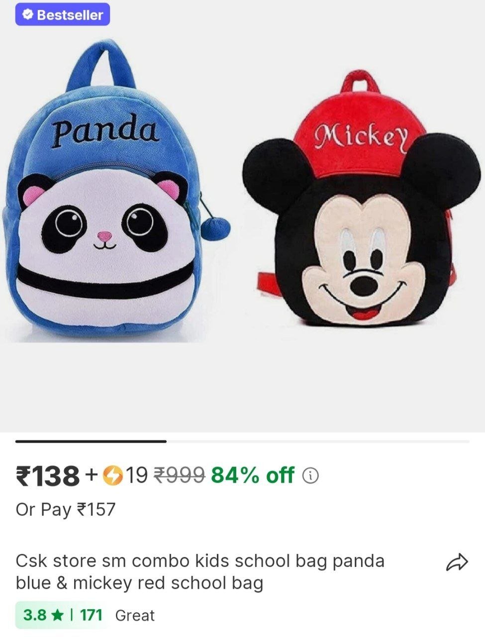 csk store sm combo kids school bag panda blue mickey red school bag