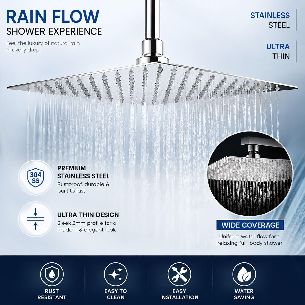 4x4 inch Square Stainless Steel Overhead Rain Shower Without Arm | Ultra-Thin High Pressure Waterfall Shower Head | Anti-Clog Nozzles | Mirror Finish | Bathroom Fittings (Pack of 1)