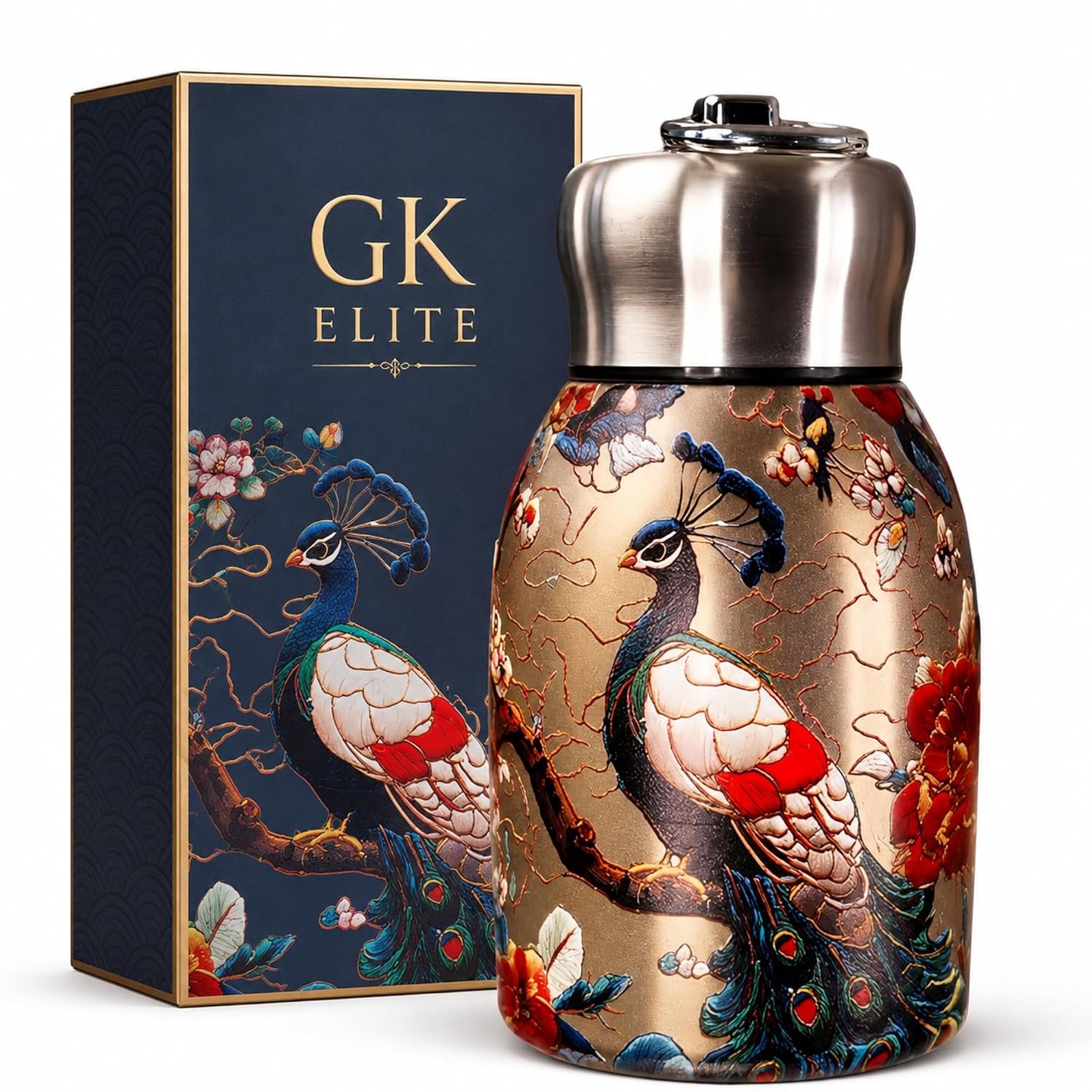 Mini Stainless Steel Insulated Water Bottle 300 ml, Double Wall Vacuum Thermal Flask, Leak-Proof Travel Bottle with Peacock Print Design, Portable Hot & Cold Drink Bottle, Pack of 1