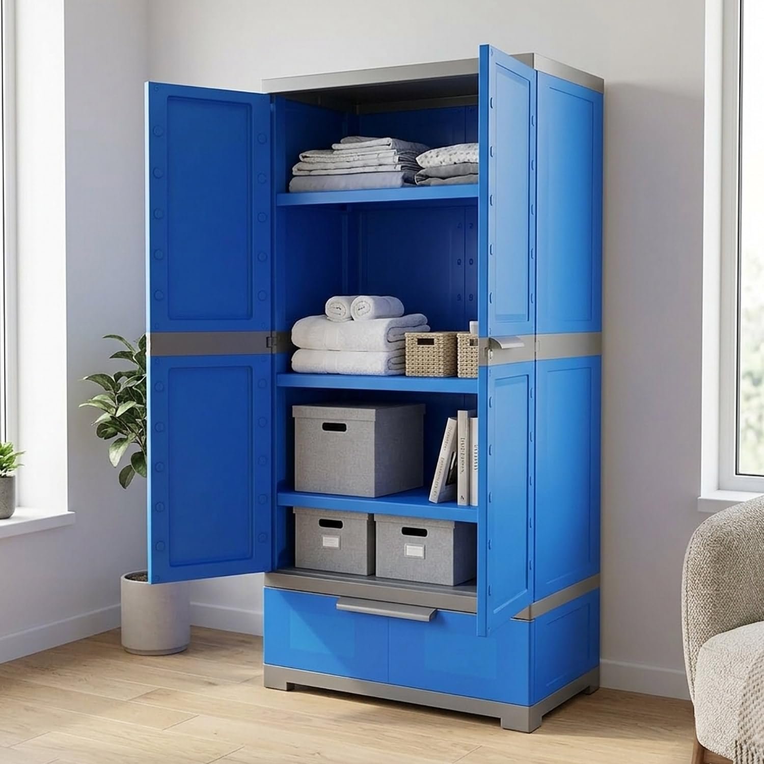 Nilkamal Freedom FMDR1BE Plastic Storage Wardrobe with 1 Bottom Drawer and Clothes Organizer |3-Year Warranty|Almirah for Home, Living Room, Bed Room|Adult & Kids|Deep Blue/Grey
