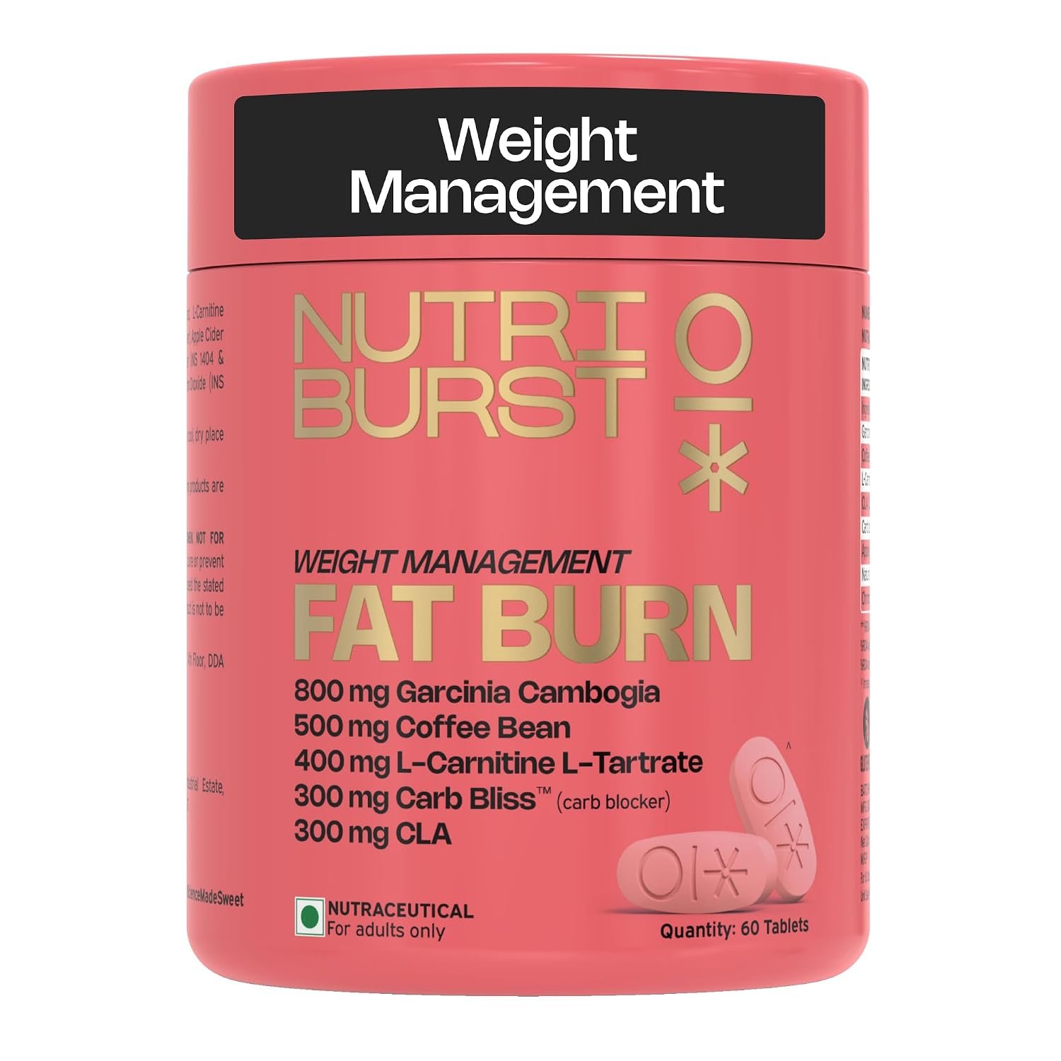 Nutriburst Fat Burn Tablets for Men & Women | Weight Management Supplement with Garcinia Cambogia, Green Coffee Bean, L-Carnitine, CLA & Carb Blocker | 60 Tablets | 1-Month Pack