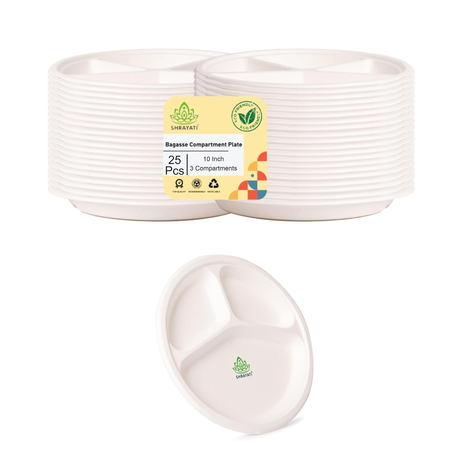 Shrayati Sugarcane Bagasse Plates - 10 Inch, 25 Pcs, 3 Compartment, Round Disposable Plates for Parties, Use and Throw Plates, Eco-Friendly