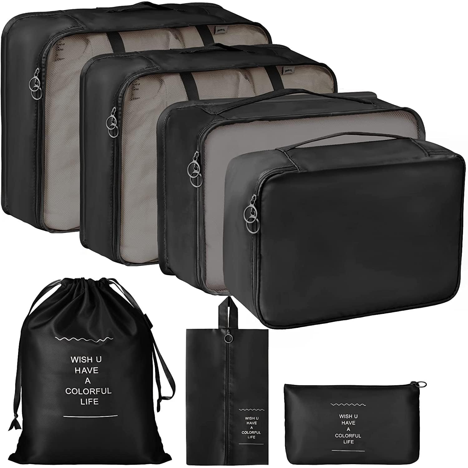7 in 1 Travel Packing Cubes Organizer Set with Mesh Packing Bags, Shoe Bag, Laundry Bag, Zipper Pouch & Toiletry Organizer, Travel Luggage Organizers for Clothes, Cosmetics & Accessories (Blac