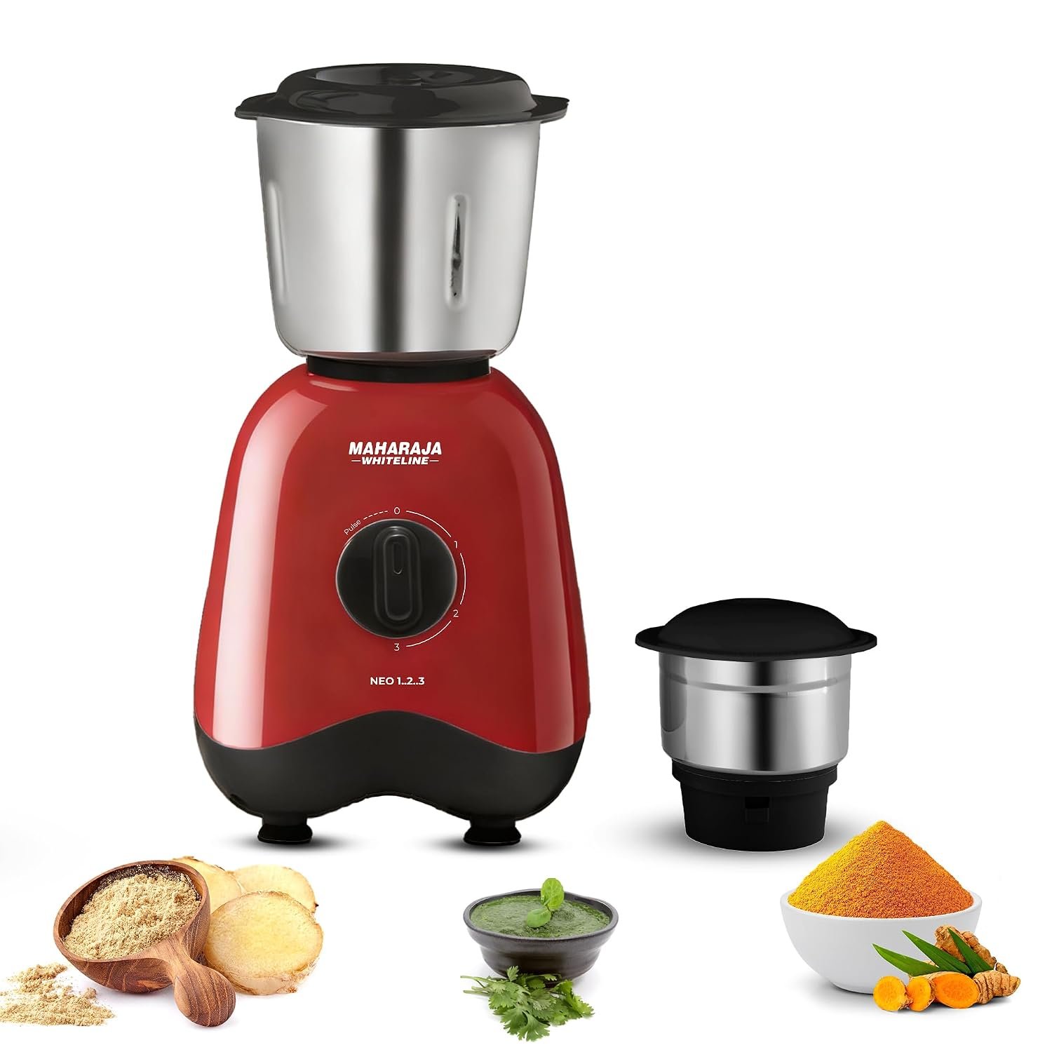 Maharaja Whiteline Neo 1..2..3 Mixer Grinder | 500 W Motor, 20,000 RPM | Long Running Time, Cooler Operation | Durable Coupler, Vacuum Foothold | Stainless Steel Blades | 2 Versatile Jars