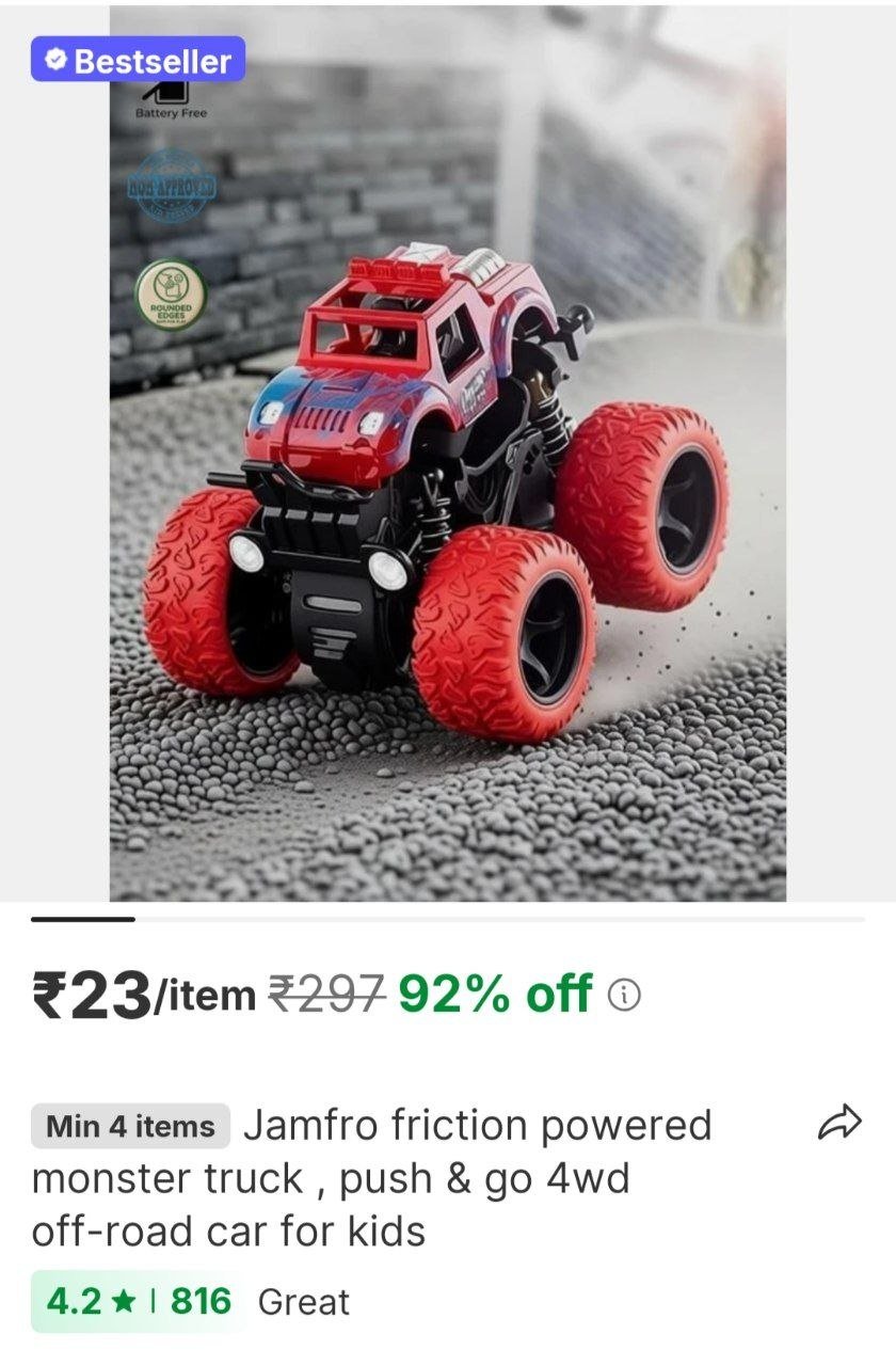 jamfro friction powered monster truck push go 4wd off road car for kids