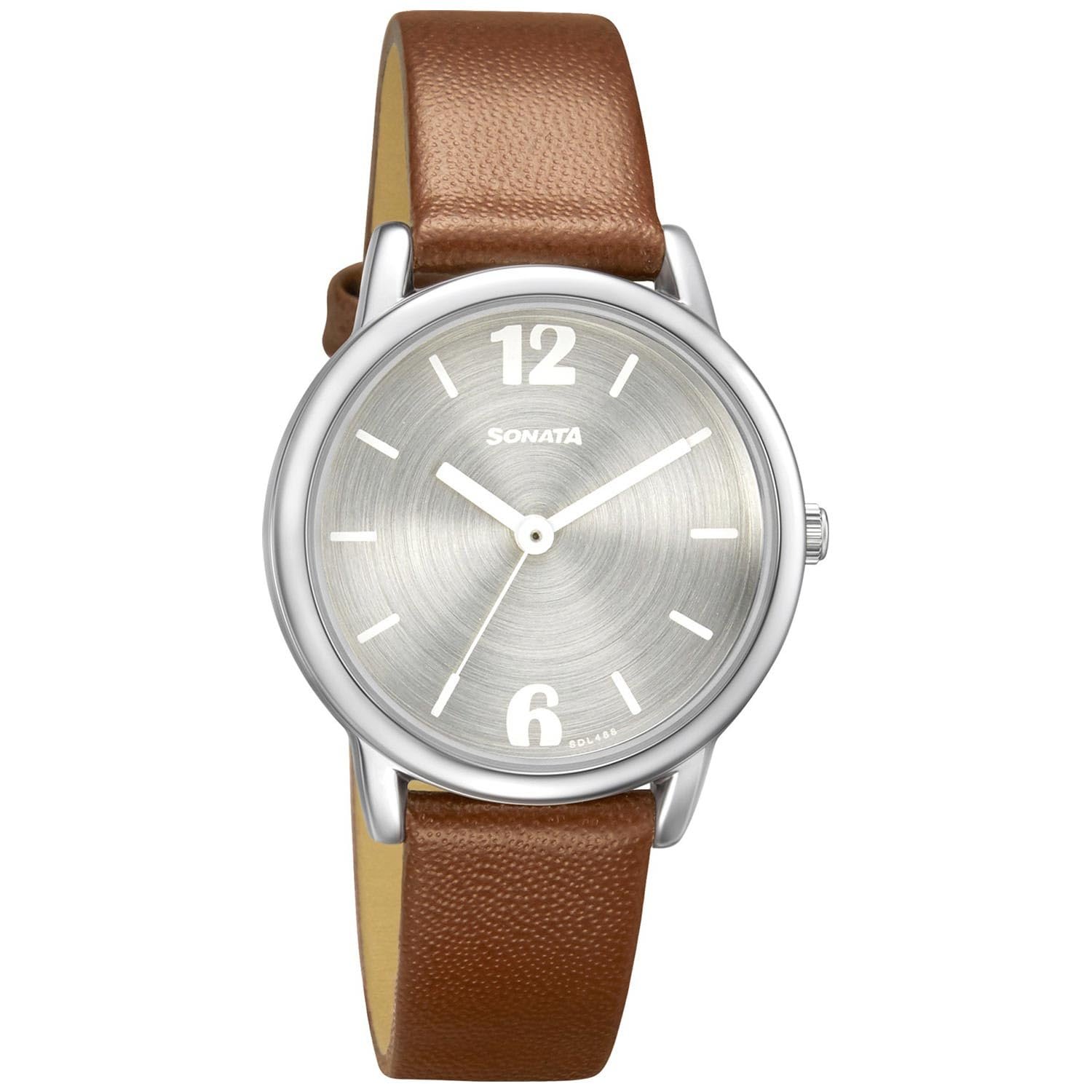 Sonata Excl Fkt Plain 3 Hands Silver Round Dial Tan A1Leather Strap Women's Watch - NS8172SL02
