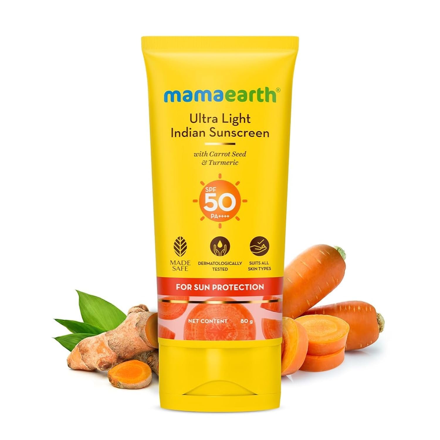 Mamaearth Ultra Light Indian Sunscreen with Carrot Seed & Turmeric | SPF 50 PA ++++ | UVA & UVB Protection | Tan Protection | No White Cast | Non-Greasy & Quick Absorbing | Super Lightweig