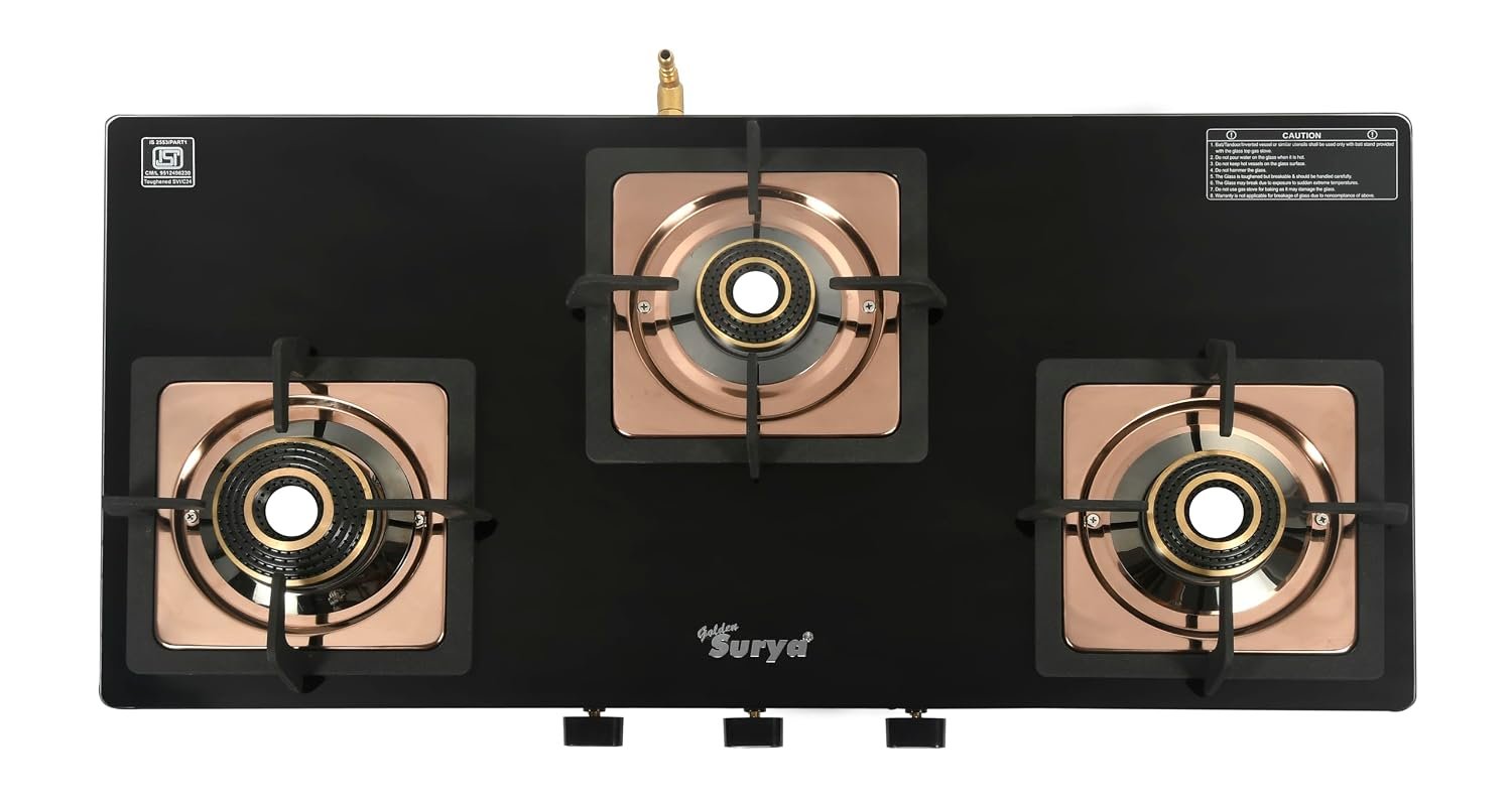 Golden Surya CXJ 32 SS Desire 3 Burner Gas Stove | Forged Brass Burners | Rose Gold Stainless Steel Body | Toughened Glass Top | Manual Ignition | ISI Certified | 18 Months Warranty