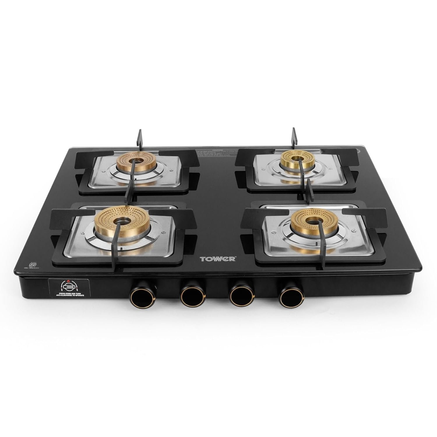 Tower Gas Stove 4 Burner Glass Brass Valves Lpg Black