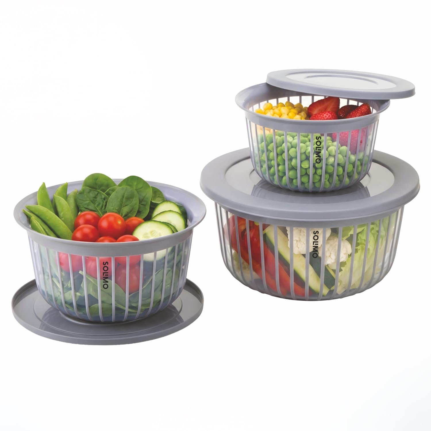 Amazon Brand - Solimo Plastic Linea Storage Containers with Lid Food Grade Set of 3 (1.3L, 2.3L & 3.8L) | Stackable Kitchen Storage Bowls, BPA-Free, Multipurpose Containers (Grey)