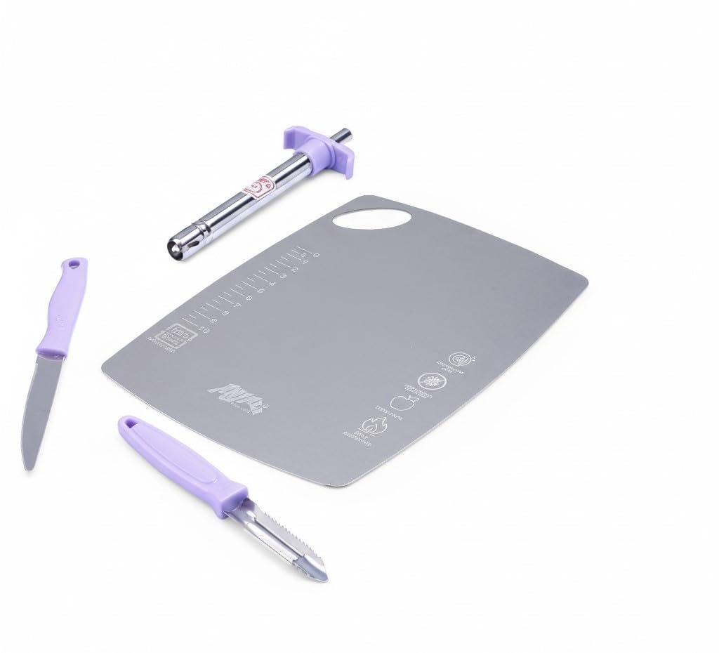 Anjali 4-Piece Kitchen Tool Set – 1 Knife, 1 Peeler, 1 Chopping Board, 1 Lighter – Ideal for Cooking, Food Prep, and Various Uses for Home & Kitchen- Purple