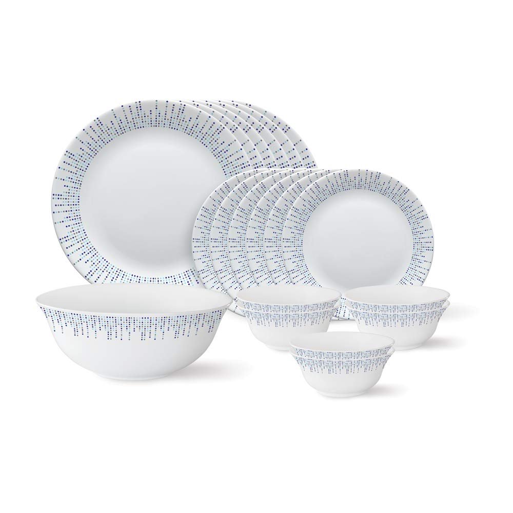 Larah By Borosil - Tiara Series, Pulse, 19 Pcs, Opalware Dinner Set, White