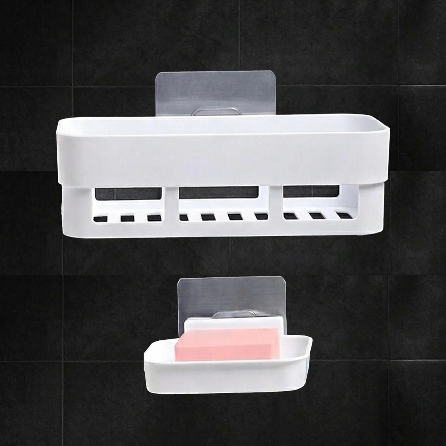 Plastic Adhesive Wall Mounted Bathroom Organizer, No Drill, 1 Shelves and 1 Soap Dish Holders, White, Set of 2