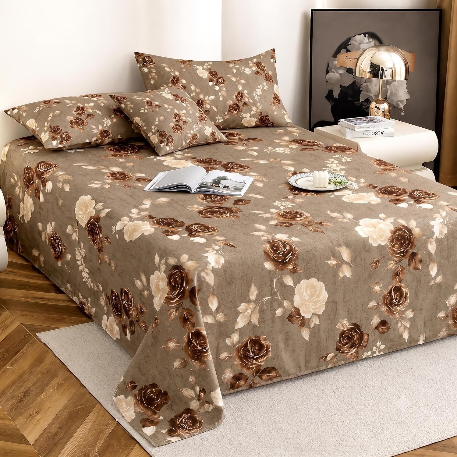 IVAZA 240 TC Soft Ezyption Cotton Floral Print King Size Bedsheet - with 2 Pillow Covers, Hypoallergenic, Brethable, (Size- 90 x 90 Inch) Chocolate Brown