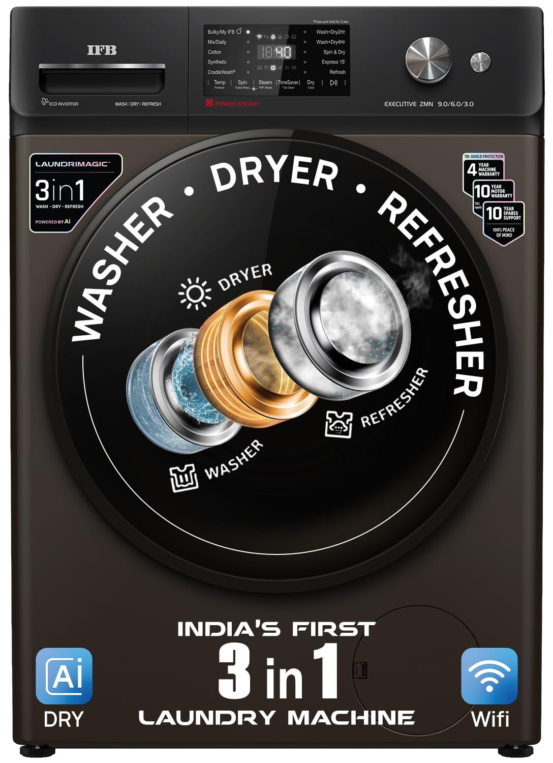 IFB 9/6/3 kg Fully Automatic Washer Dryer Refresher with Steam Refresh, AI Powered, 100% Dry Clothes, 9 Swirl Wash Mimic Handwashing, WiFi & Eco Inverter Motor (WDR Executive ZMN CMS, Mocha)