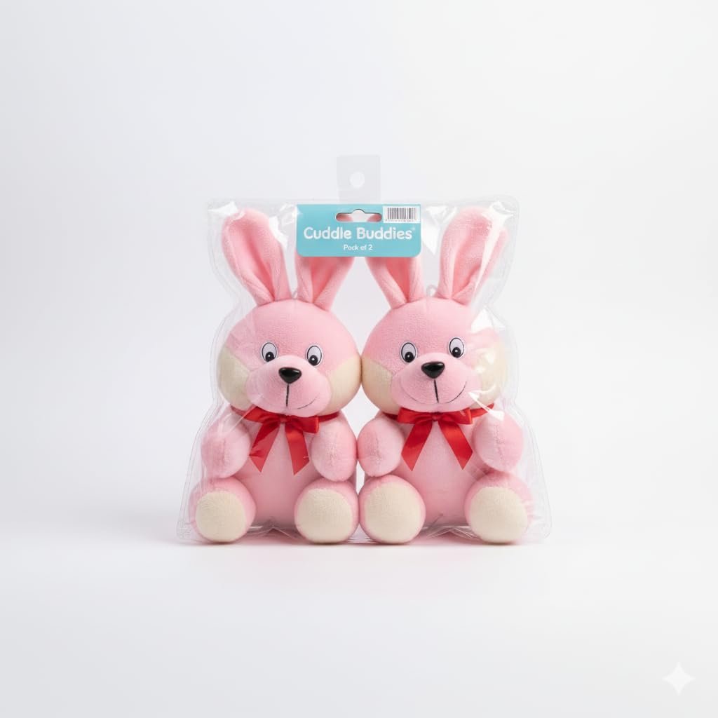 Cute Pink Bunny Soft Toy Pack of 2 | Super Soft Plush Rabbit Pair with Ribbon Bow | Huggable Stuffed Animals for Babies & Toddlers Set for Birthday & Baby Shower (Pack of 2)