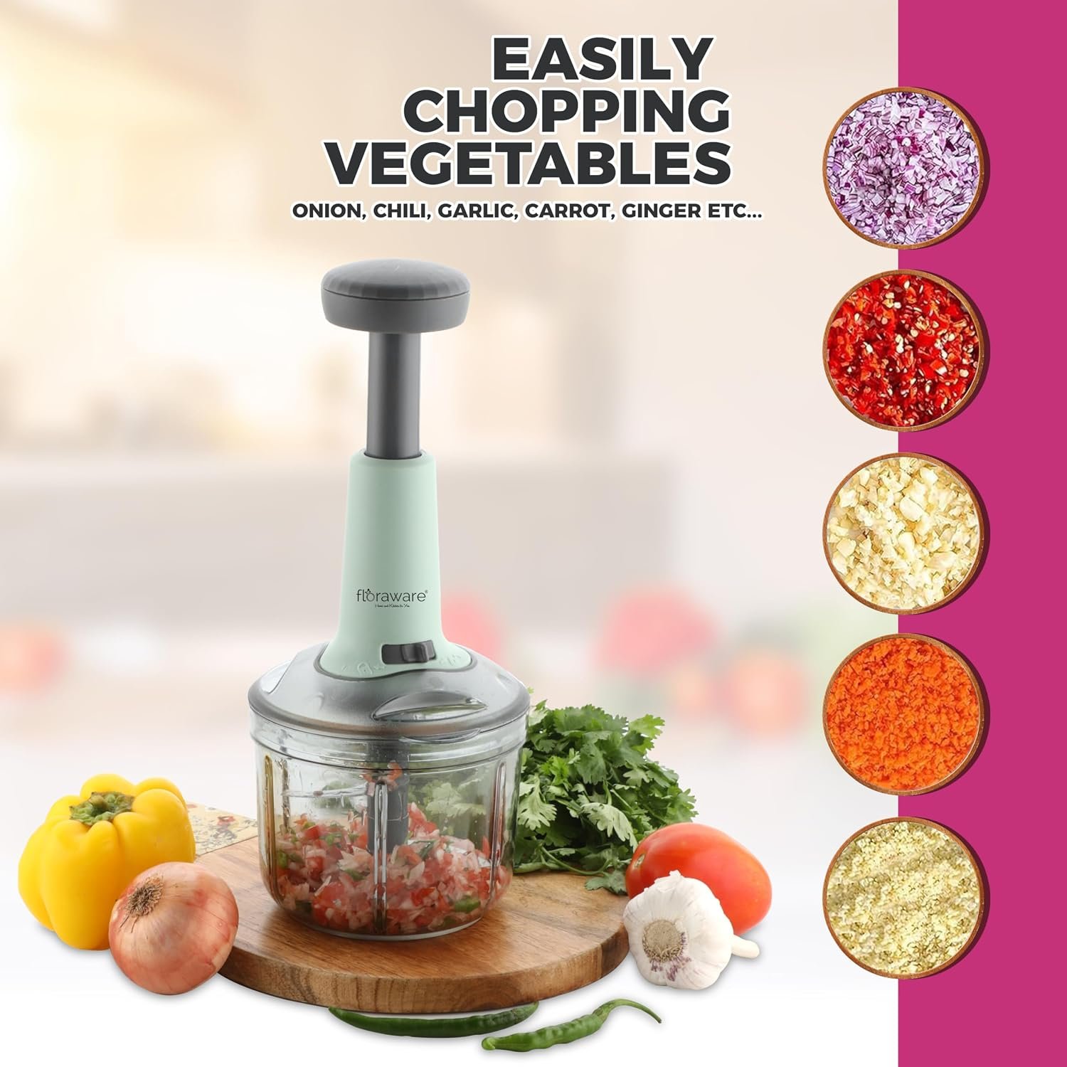 Floraware Round Food Chopper Steel Large Manual Hand-Press Vegetable Chopper Mixer Cutter to Cut Onion, Salad, Tomato, Potato (Pista, 900ML)