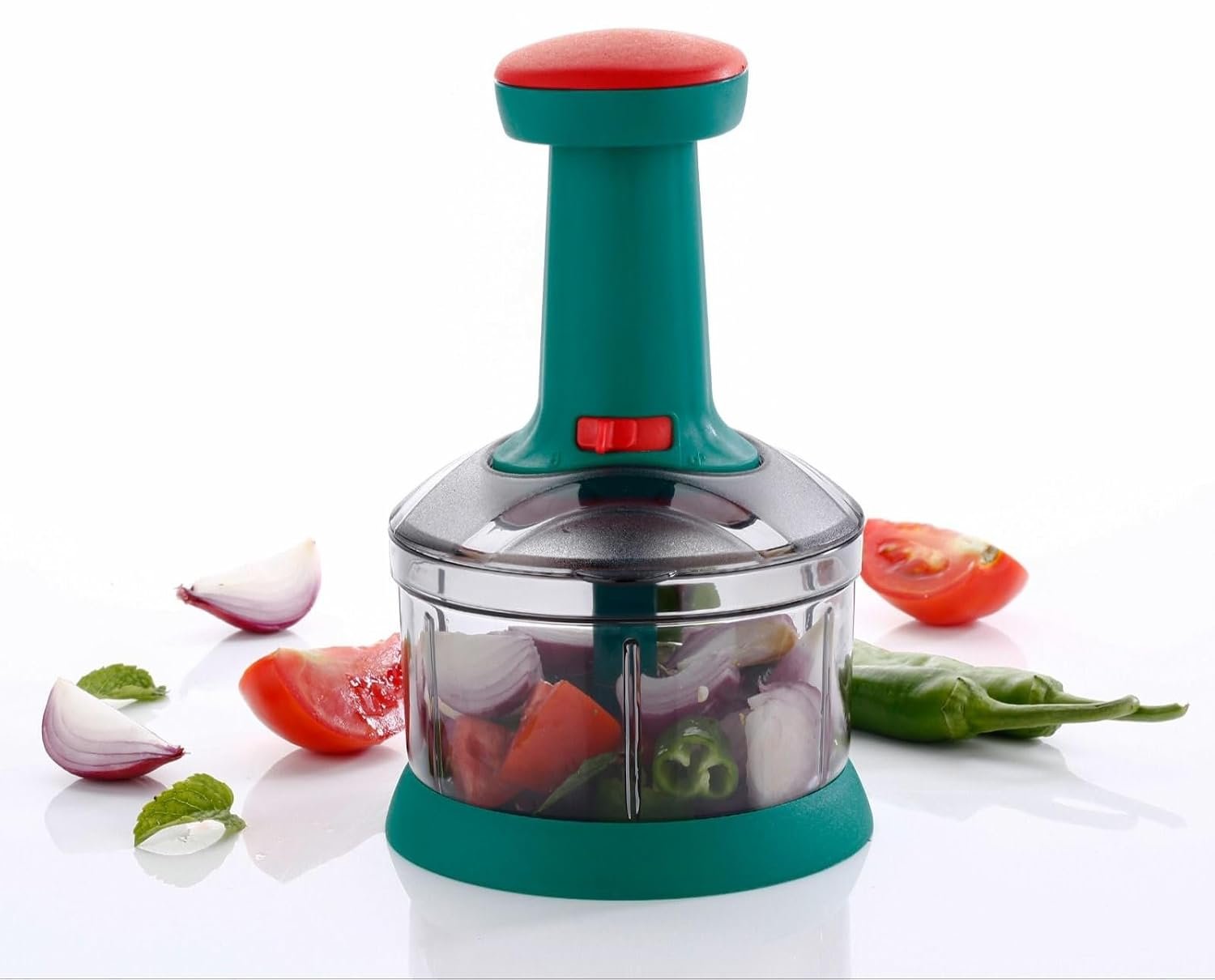 Hand Press Push Chopper with 4 Blades for Effortless Chopping Vegetables & Fruits Chopper Mixer Cutter to Cut Onion, Salad, Tomato, Potato,Large Capacity (Green) (600 Ml)