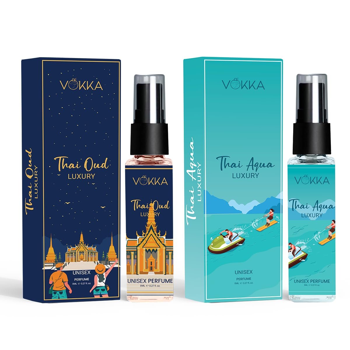 Vokka Pocket Perfume Thai Oud & Thai Aqua 16 ml (Pack of 2 x 8ml) | Unisex Luxury EDP Perfume for Men & Women | Long Lasting Eau De Parfum Gift Set | Premium Fragrance Scent | Travel Friendly