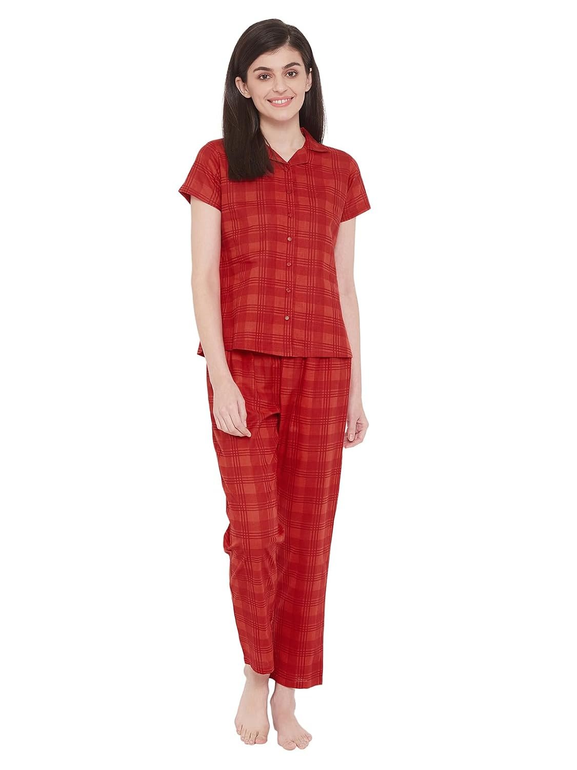 Clovia Women Rayon Night Suit– Printed, Shirt & Pyjama Set