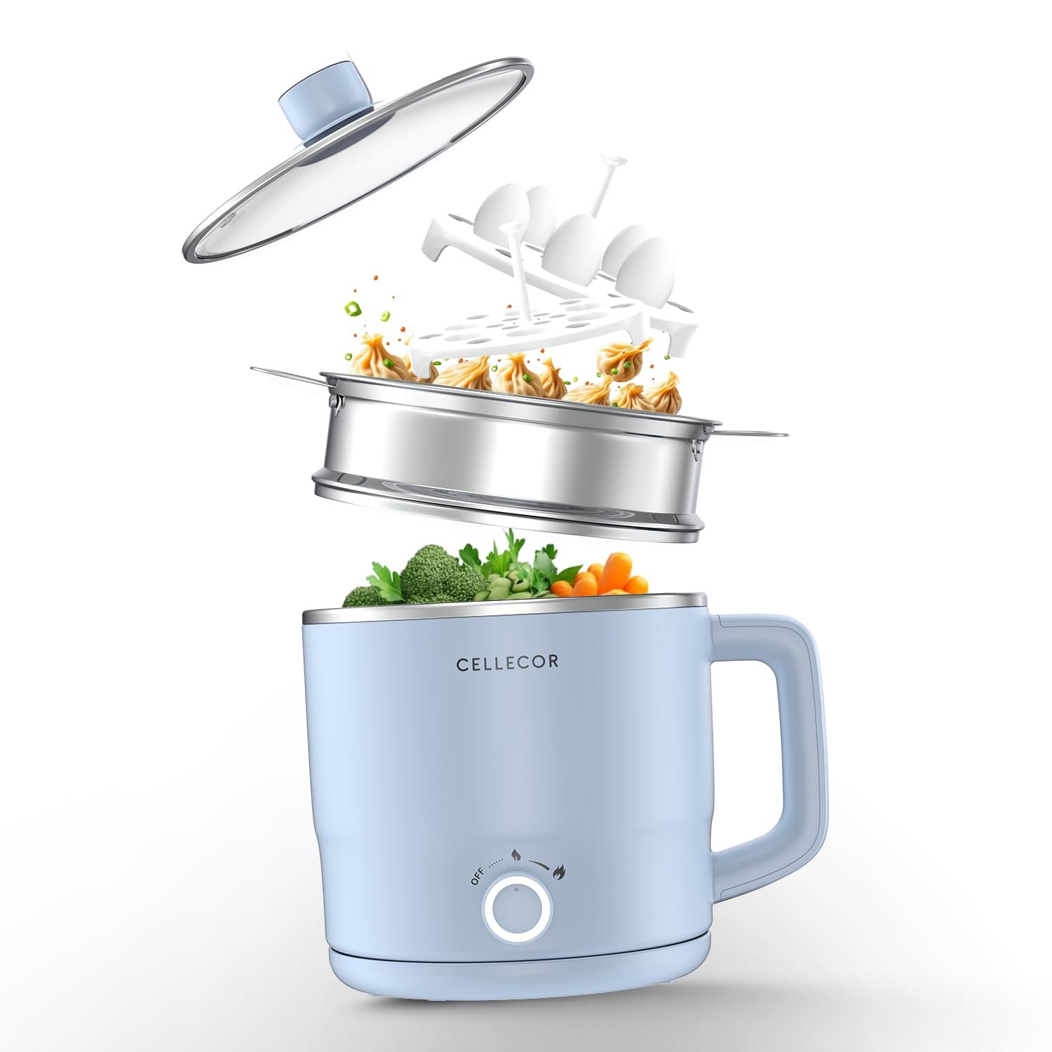 Cellecor Stainless Steel Multi-Cook Kettle CMK18 Home Chef With Steamer, Egg Tray, Rust Free Body, 600W Powerful Output, Multi Cook Electric Kettle (1.8 L, Light Blue)