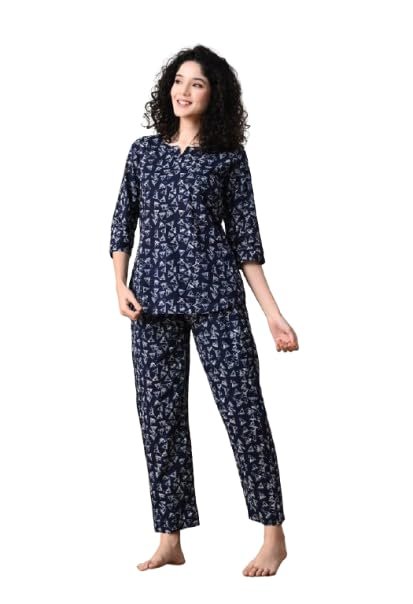 Ichaa Women's Cotton Printed Round-Neck Night Suit Set with Pocket