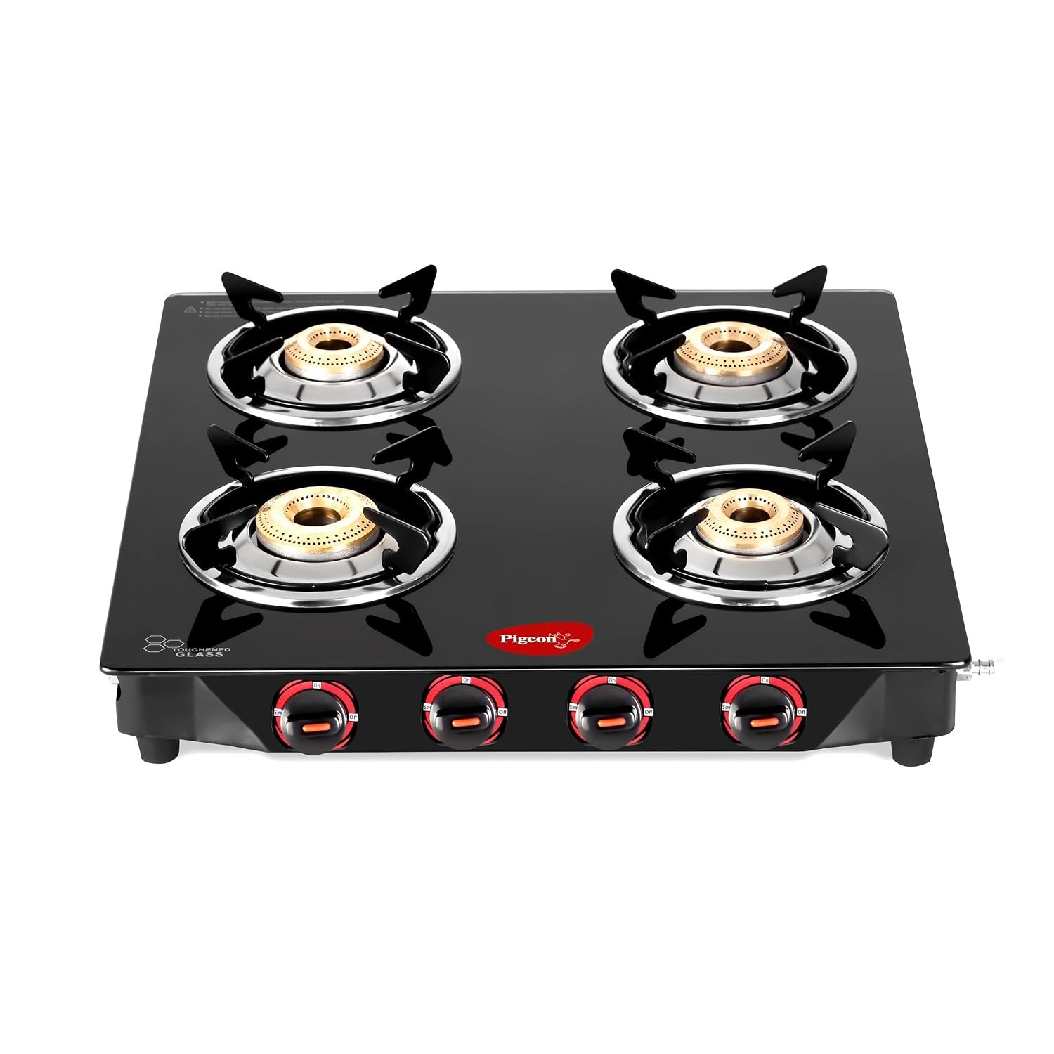 Pigeon by Stovekraft Aster 4 High Powered Brass Burner Gas Stove, Cooktop with Glass Top and Stainless Steel body, Manual Ignition (Black) (14297)
