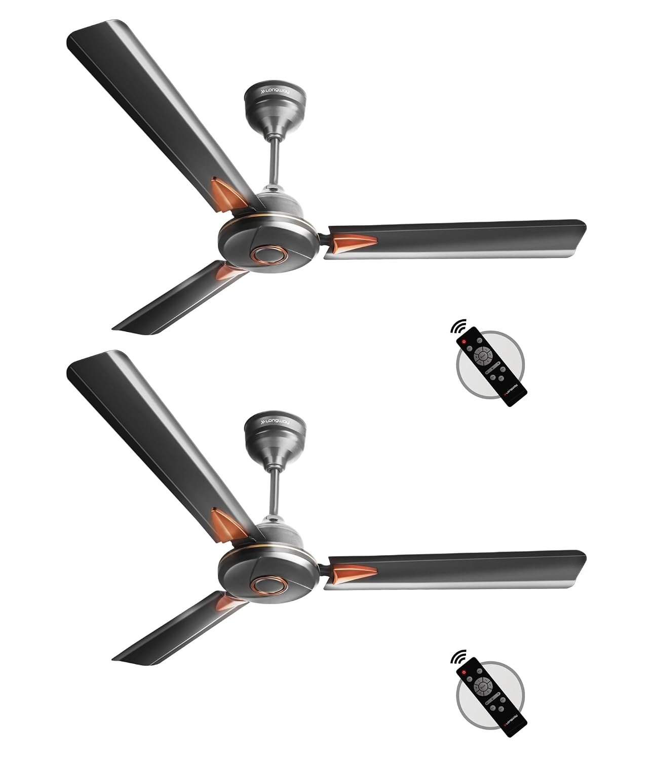 LONGWAY Aero 1200 mm BLDC Ceiling Fan with Remote Control | BEE 5 Star Rated Energy Efficient | Ultra High Speed 3 Blade Anti-Dust Decorative Ceiling Fan | 3 Years Warranty (Smoked Brown, Pack of 2)