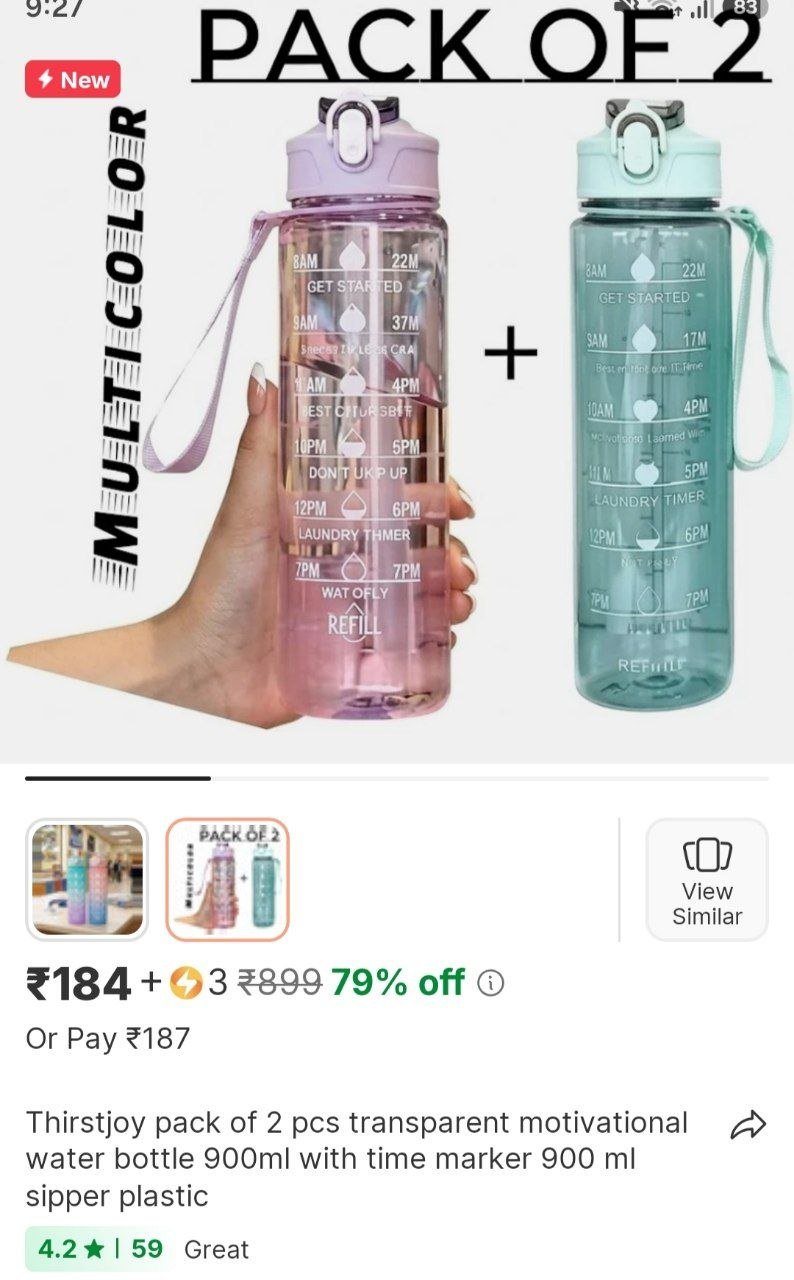 thirstjoy pack of 2 pcs transparent motivational water bottle 900ml with time marker 900 ml sipper p