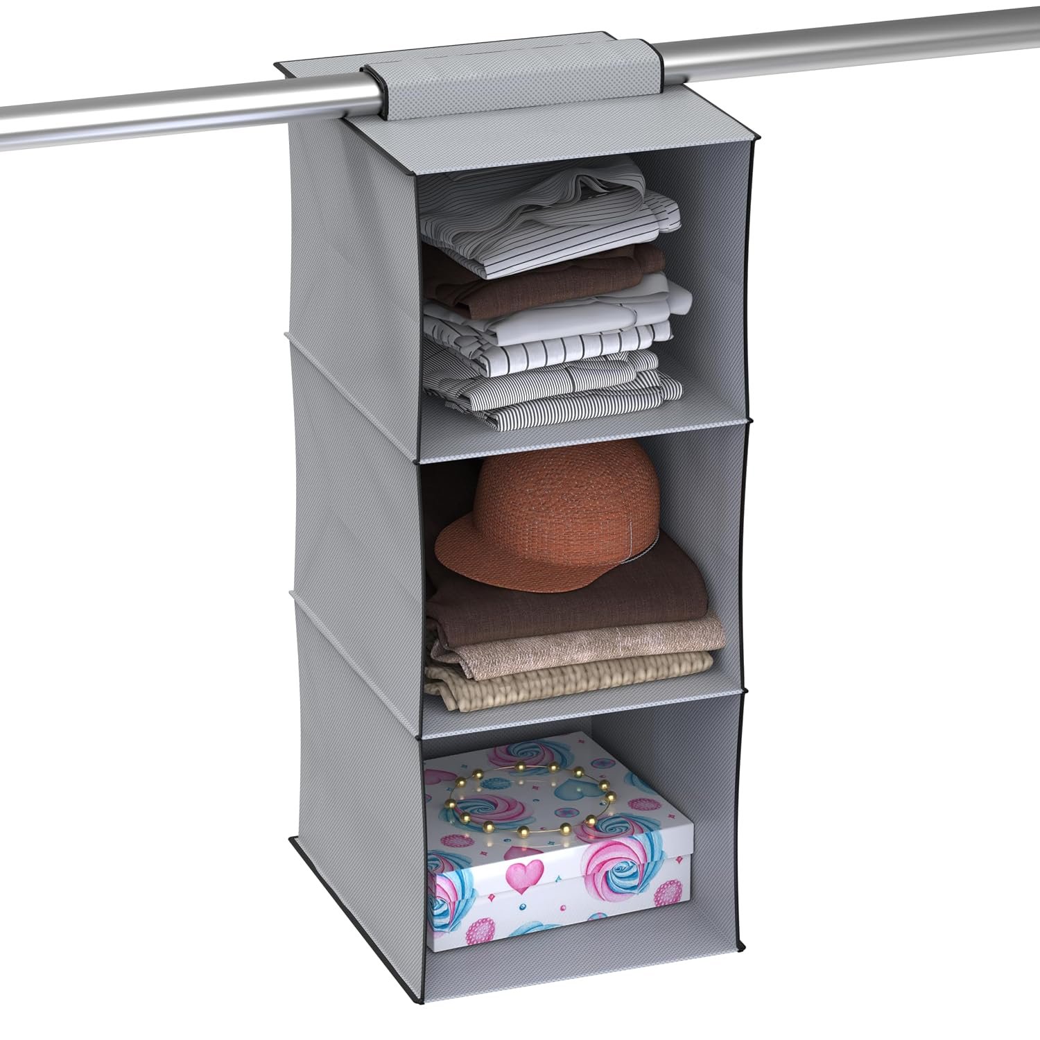 MY ARMOR Hanging Shelf Cloth Storage Organizer, Universal Fit Hanging Closet Organizer for Wardrobe, 10 x 12 x 35 Inches (Grey, 3 Tier Shelf, Pack of 1)