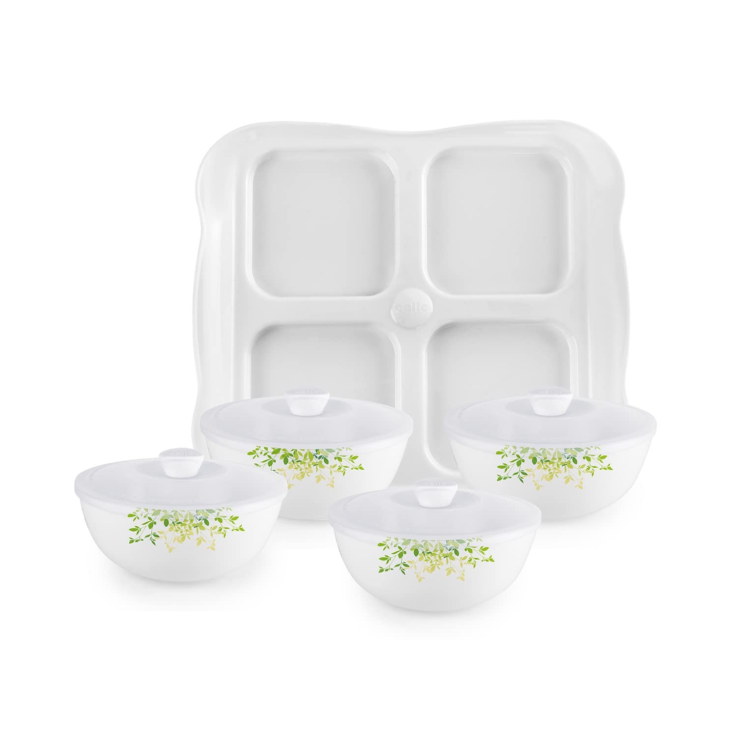 Cello Dazzle Series Opalware Green Orchard Dry Fruit Set of 9, White