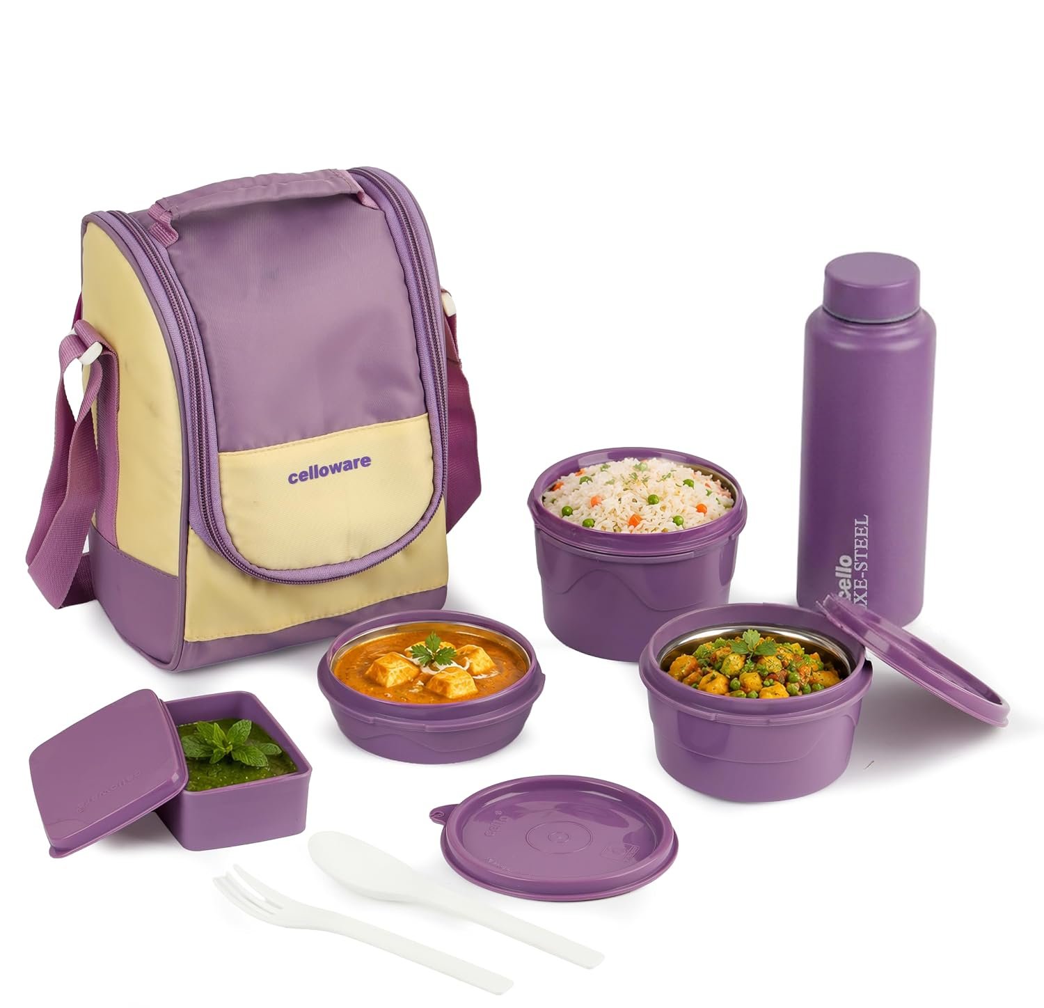 CELLO MF All In One Lunch Box with Bag for Office Use Purple | 225ml, 375ml, 550ml Microwave Safe Containers, 175ml Salad Box, 500ml Bottle with Fork & Spoon, Airtight Leak Proof Tiffin Box for Tr
