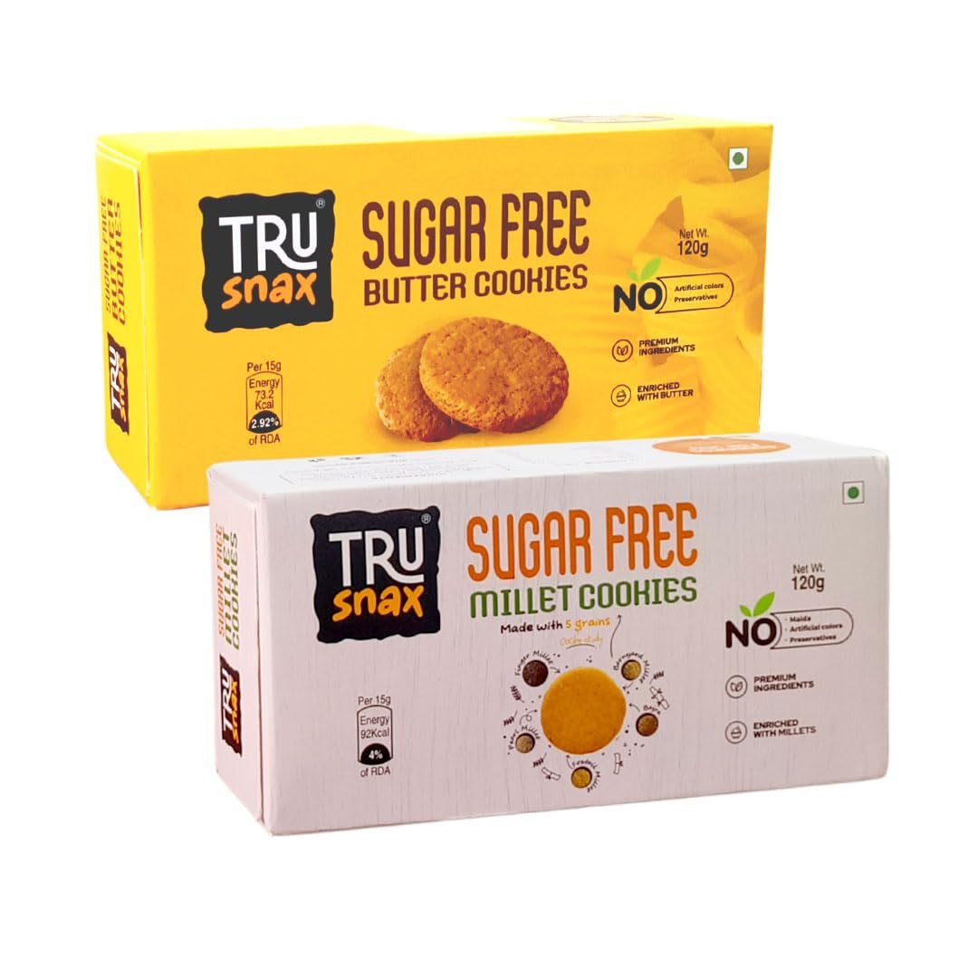 TruSnax SugarFree Butter and Millet Cookies Combo | No Maida | No Preservatives | Diabetic Friendly Biscuits | Pck2(120 * 2)