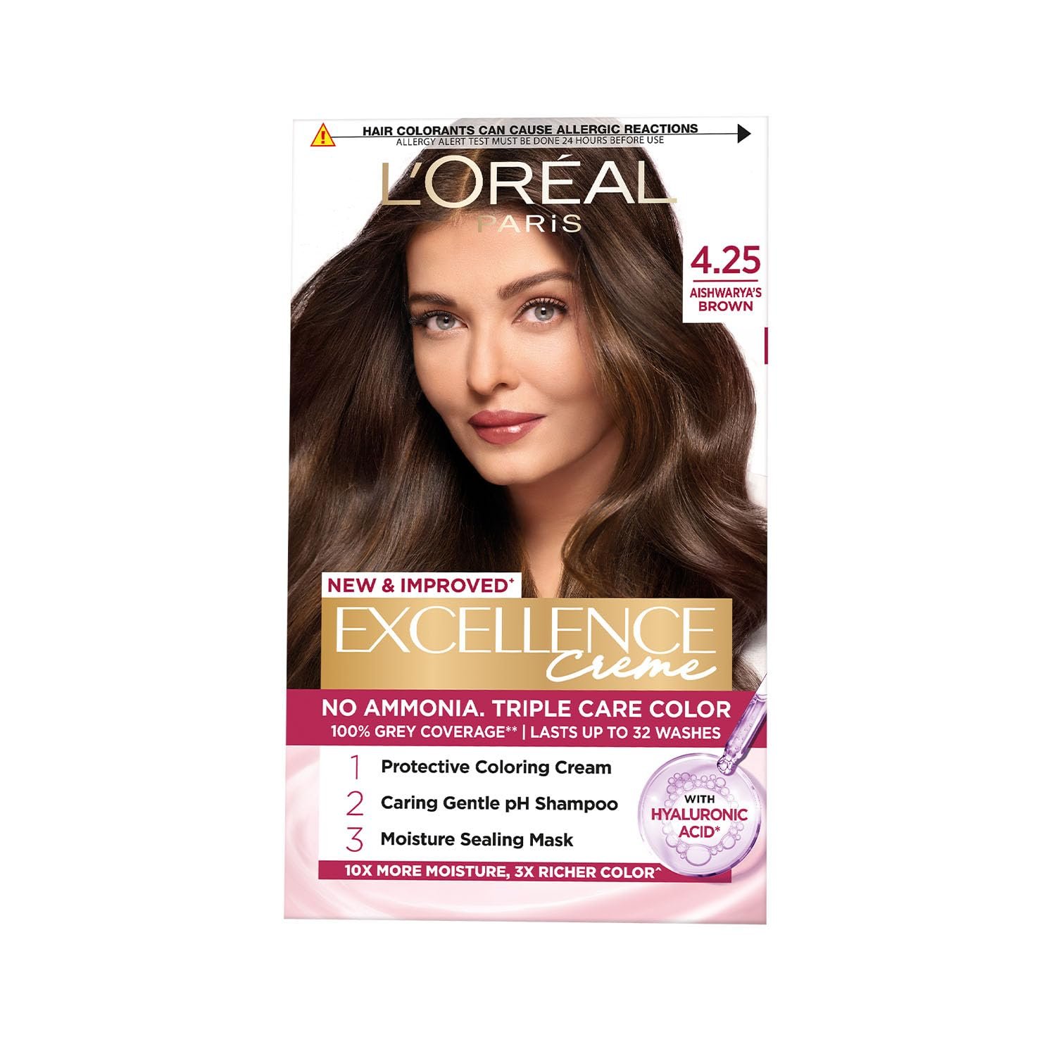 L'Oreal Paris Permanent Hair Colour, Radiant At-Home Hair Colour with up to 100% Grey Coverage, Pro-Keratin, Up to 8 Weeks of Colour, Excellence Crème, 4.25 Aishwarya'S Brown, 72ml+100g