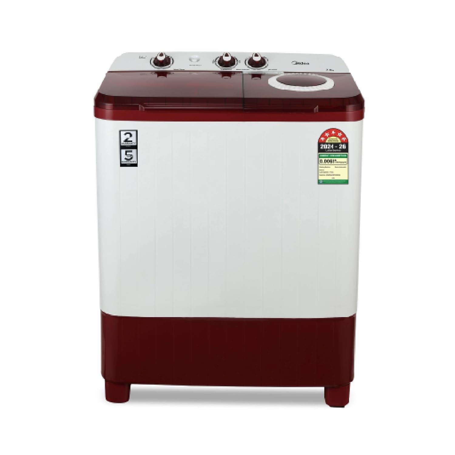 Midea 7.5kg Semi Automatic Top Load Washing Machine, Collar Scrubber, Dual Wave Pulsator, 1350 RPM High-Speed Spin, Air Dry Spin Lid, Top Load Washer (MWMSA075PDX (MW), Maroon-White)