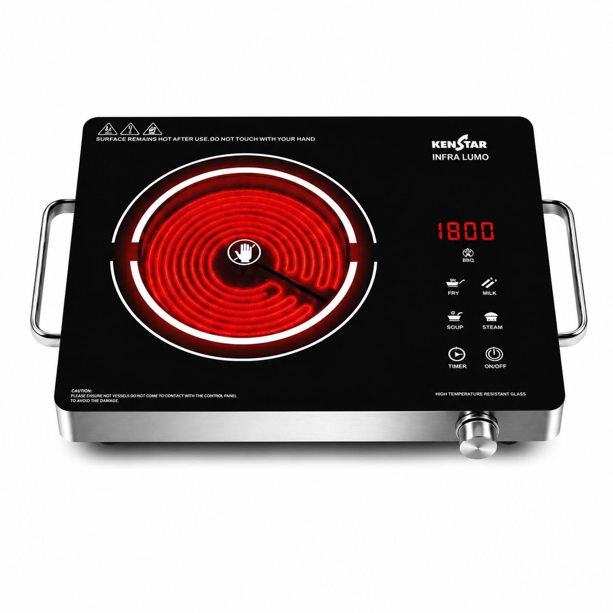Kenstar Infra LUMO 2000W Infrared Stove with 11 Power Levels, 4 Preset Modes, Toughened Glass Top and Timer Function Silver Black